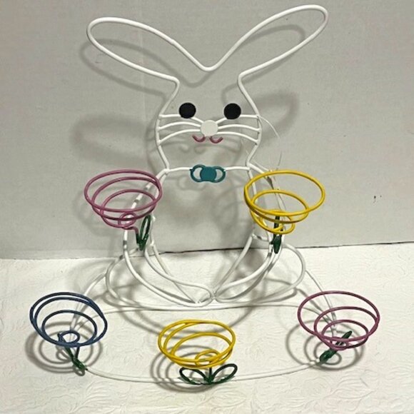 EASTER Country Style Bunny Rabbit 5 Colorful Pastels Egg Holder Springtime NWT - Picture 1 of 7